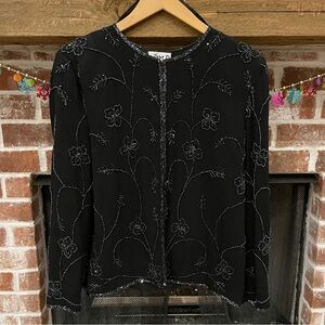 Vintage JMD New York Black Floral beaded cocktail jacket size PL